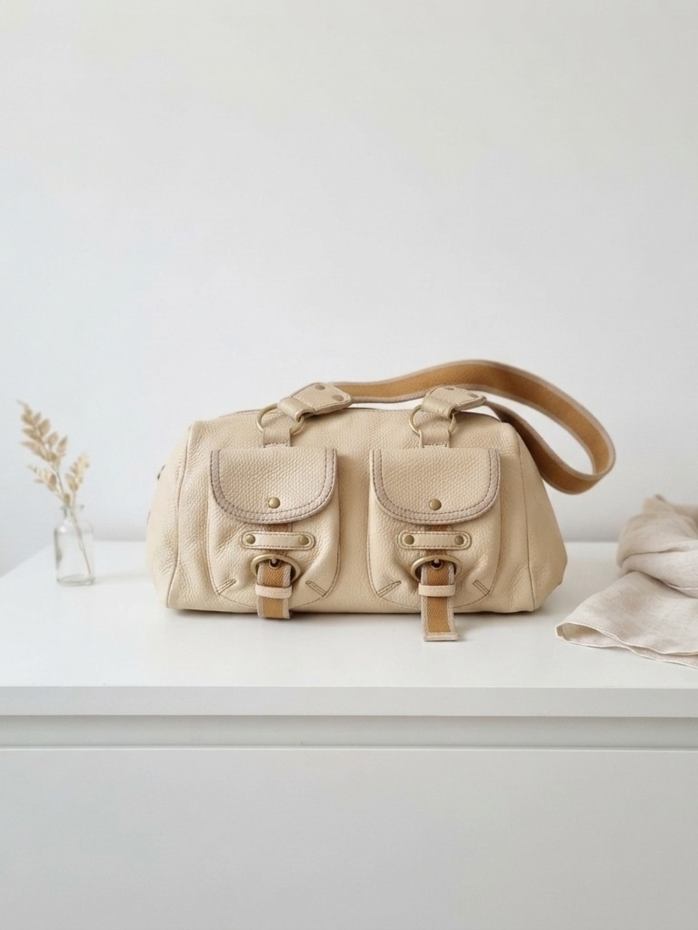 Y2K Vintage Tommy Hilfiger Cream Faux Leather Utility Shoulder Bag